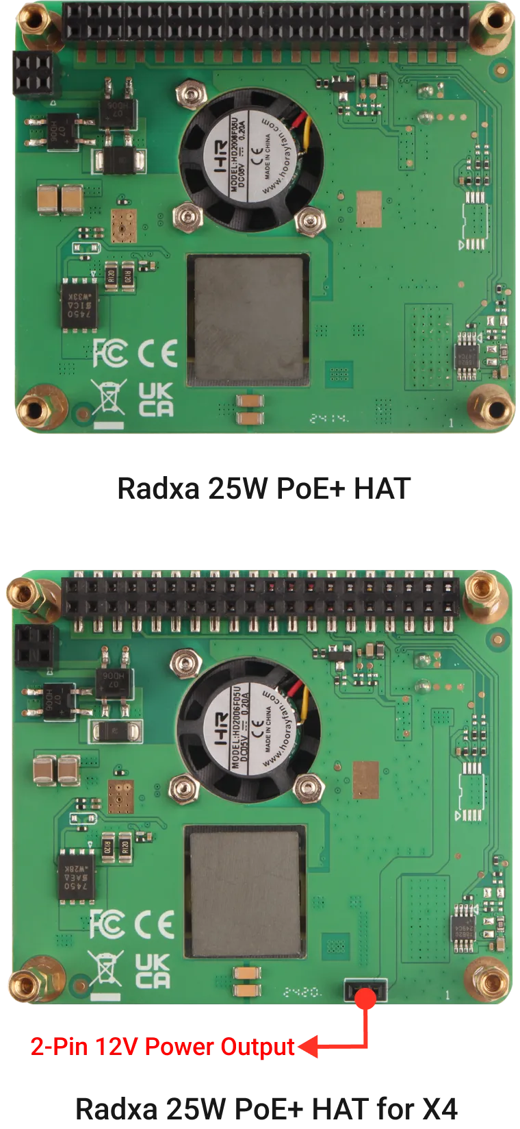 Radxa 25W PoE+ HAT for X4 Powers Radxa X4 via 2-Pin Power Output Interface.